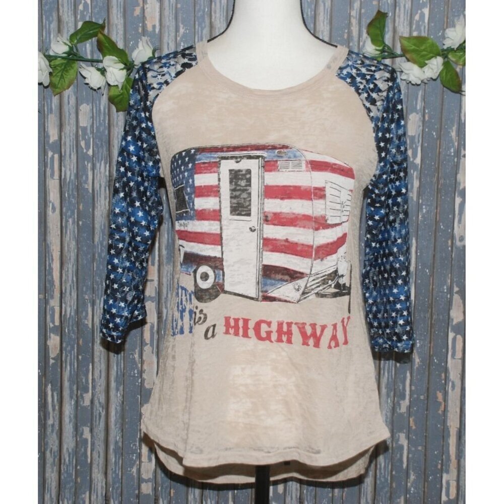 NWT SOUTHERN GRACE Burnout Tee T-Shirt Top Life is a Highway 3/4 Sleeve Size S P